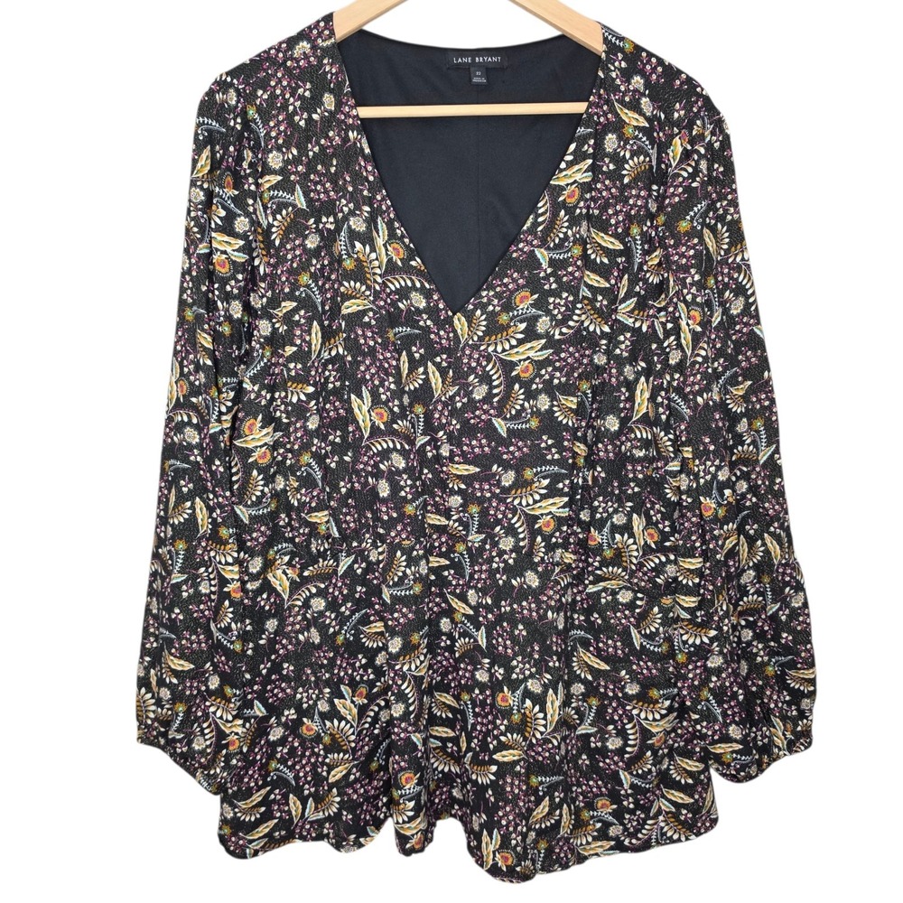 Lane Bryant‎ Top Womens Plus 22 Black Floral Print V Neck Peasant Blouse Casual